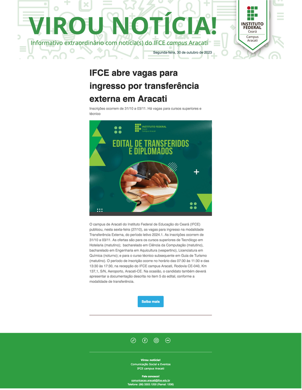 IFCE abre vagas para ingresso por transferência externa em Aracati_30-10-2023