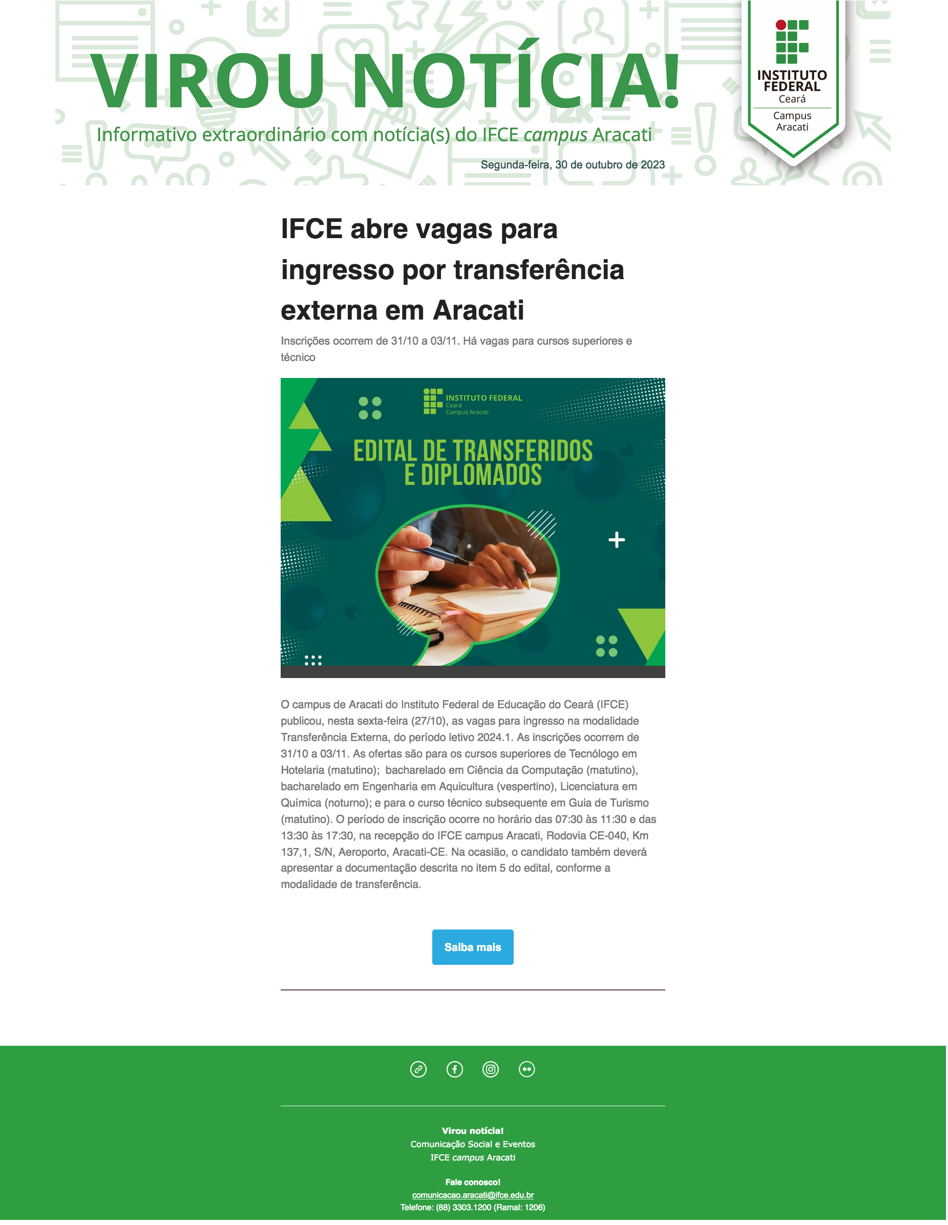 IFCE abre vagas para ingresso por transferência externa em Aracati_30-10-2023