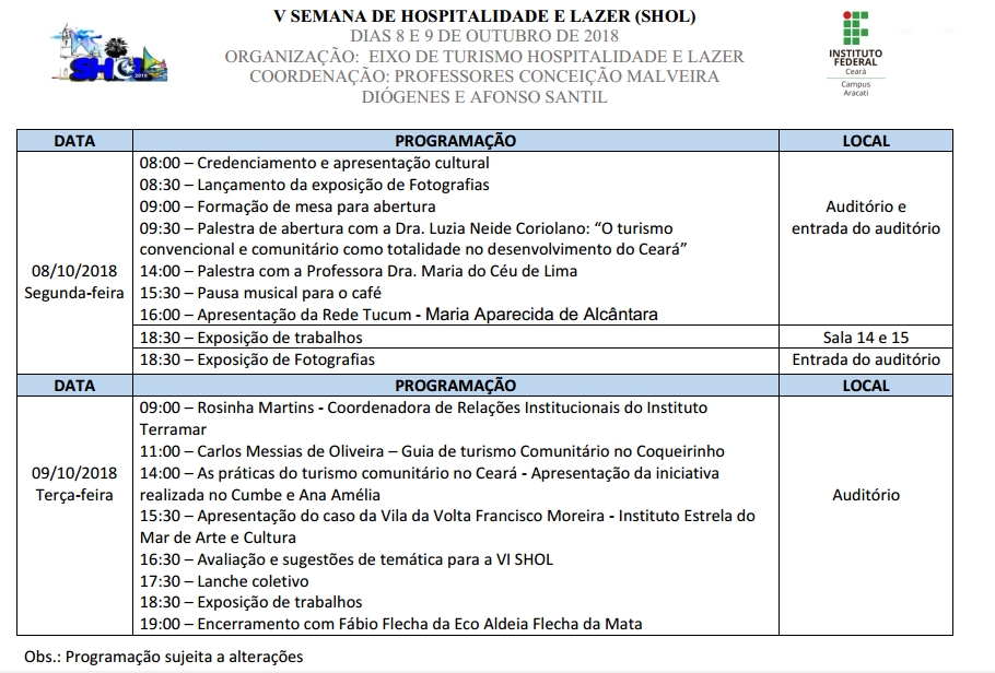 Shol 2018 - programação Shol 2018 - programação