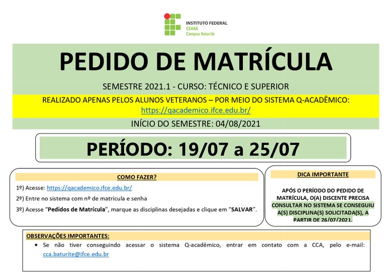 Informativo pedido de matricula Informativo pedido de matricula
