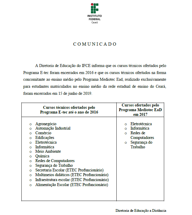 Comunicado Nº 01/2019 EAD Comunicado Nº 01/2019 EAD