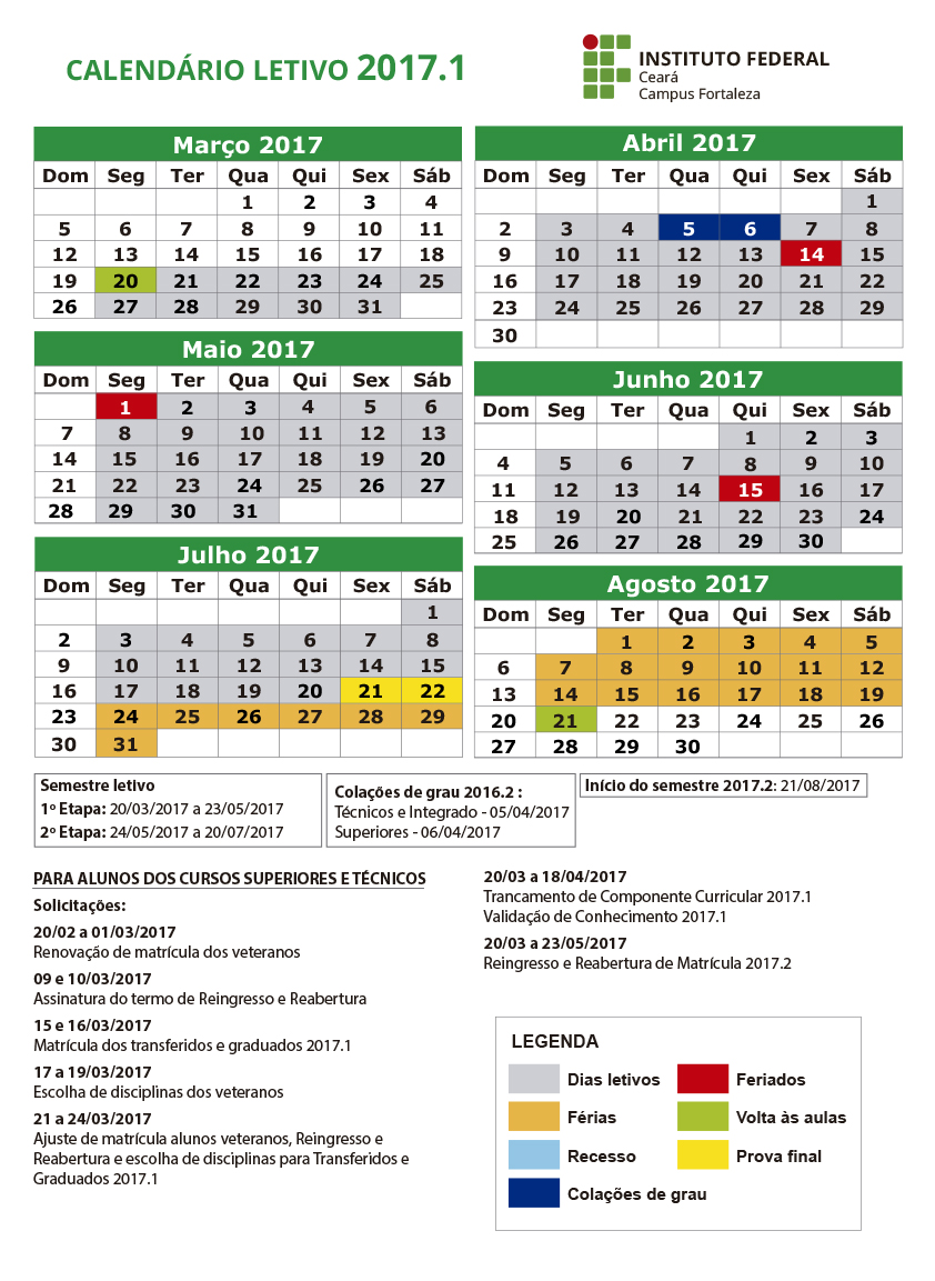 Calendário letivo 2017.1