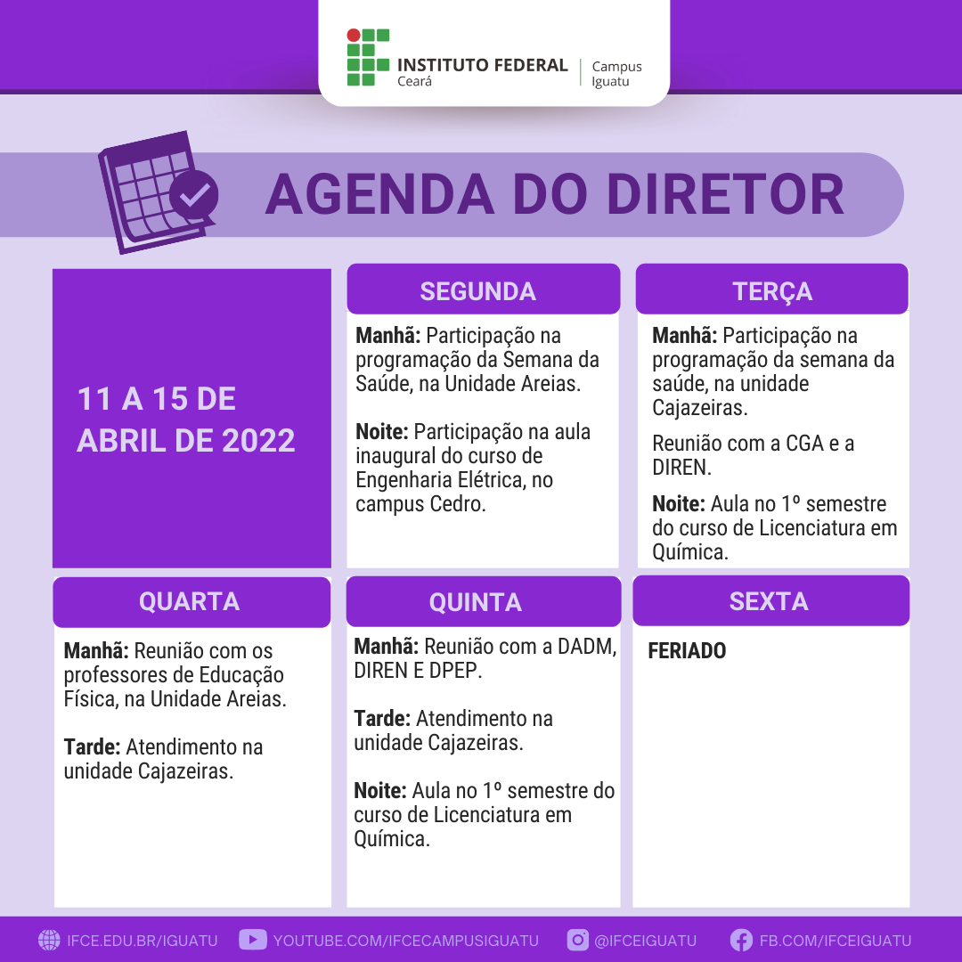Agenda do diretor  - 11 a 15 de abril de 2022