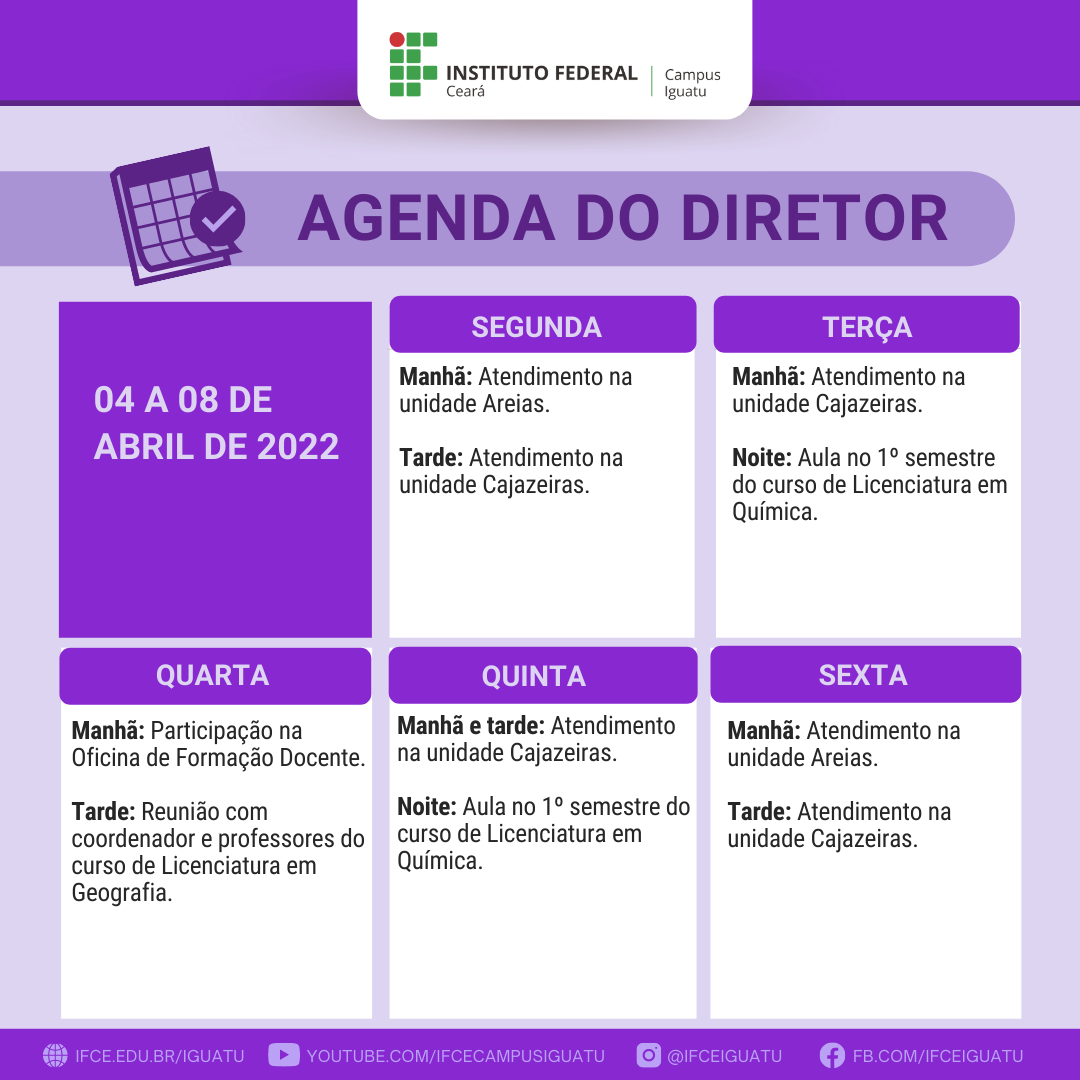 Agenda do diretor - 4 a 8 de abril de 2022
