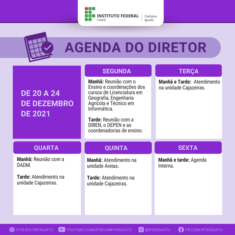 Agenda do diretor - 20 a 24 de dezembro de 2021