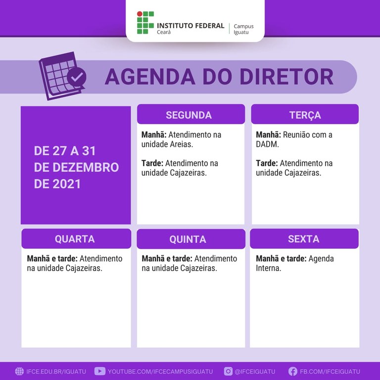 Agenda do diretor - 27 a 31 de dezembro de 2021