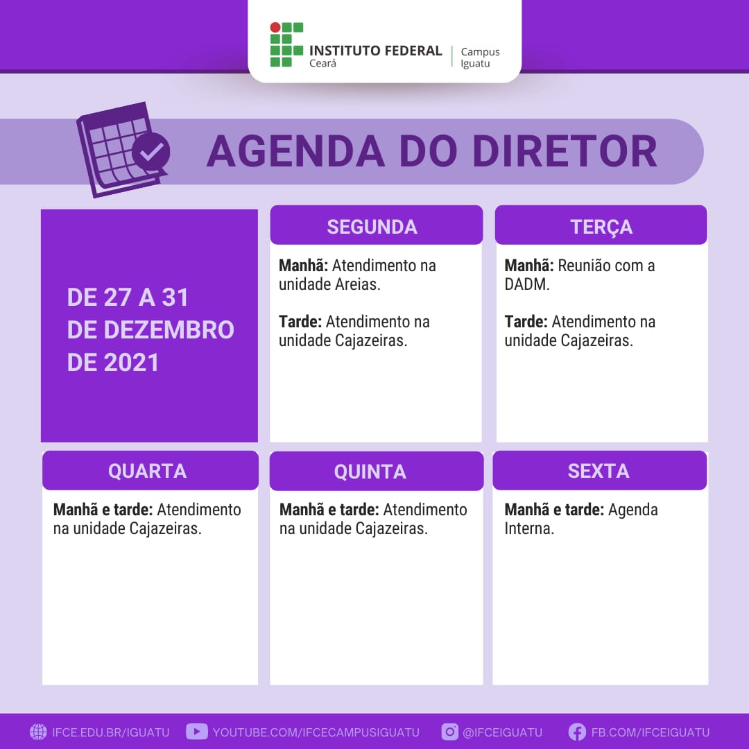 Agenda do diretor - 27 a 31 de dezembro de 2021