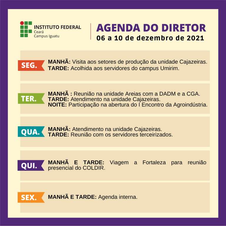 Agenda do diretor - 6 a 10 de dezembro de 2021