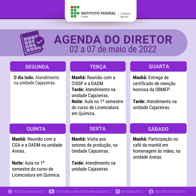 Agenda do diretor - 02 a 07 de maio de 2022