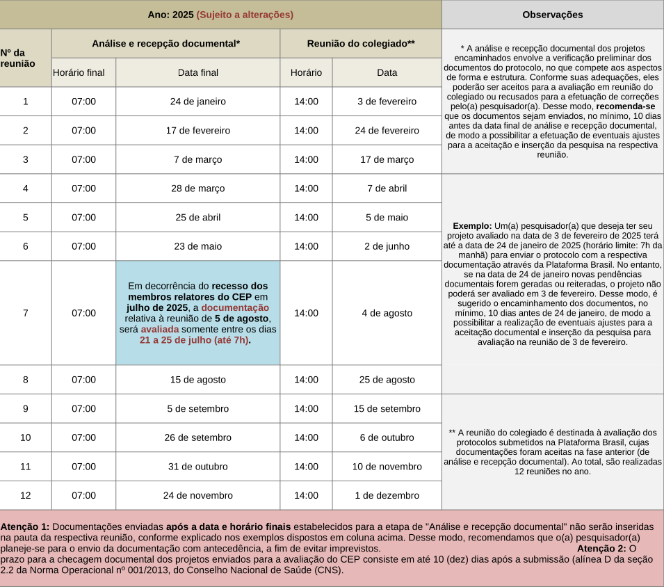 Calendário CEP2025