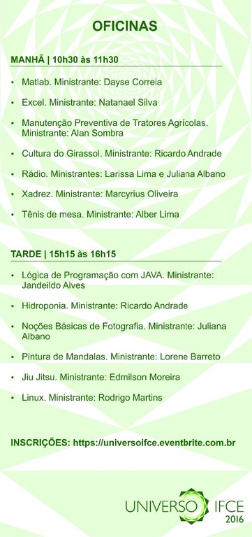 Programação Oficinas Programação Oficinas